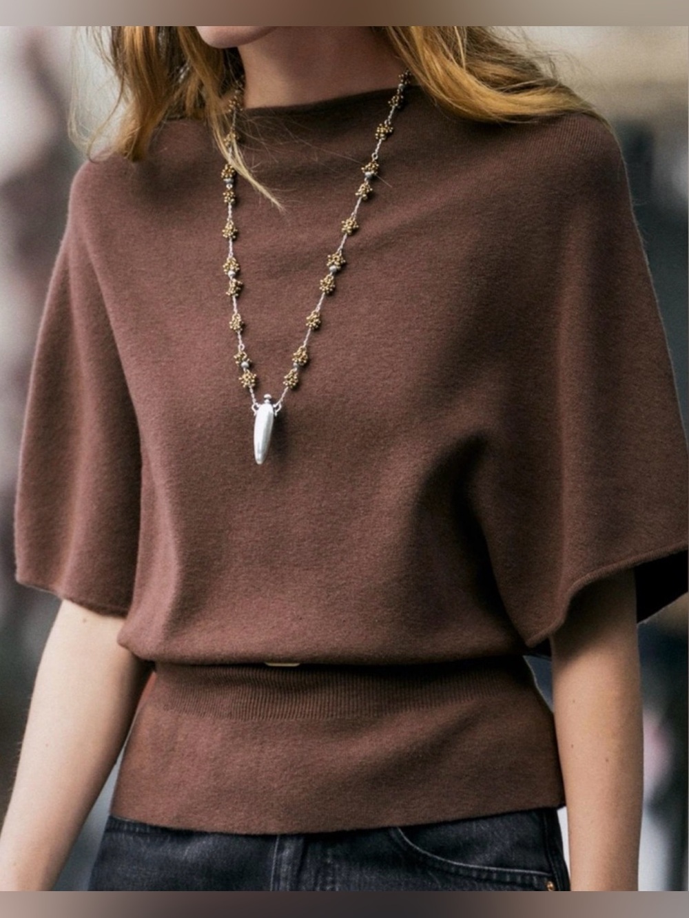 Zara Knit Boat Neck Sweater Belted Fitted Waist Brown Medium